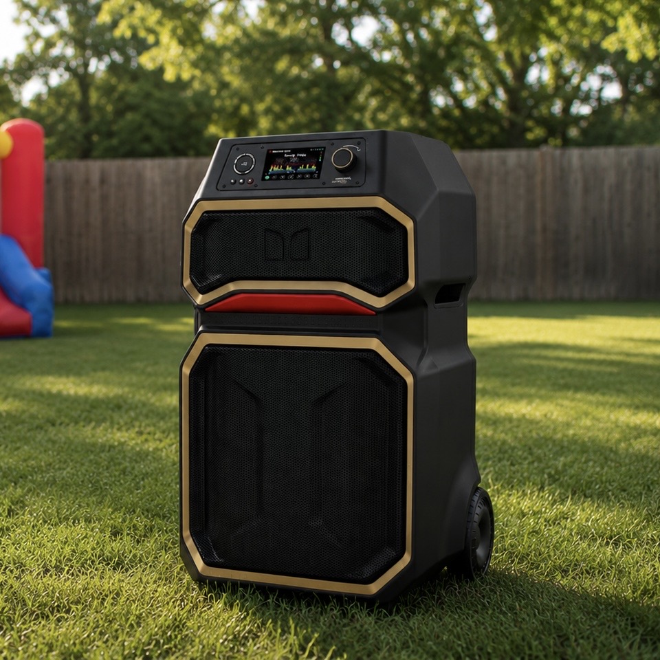 Weather-resistant portable Bluetooth speaker with microphone shown outdoors near a bounce house