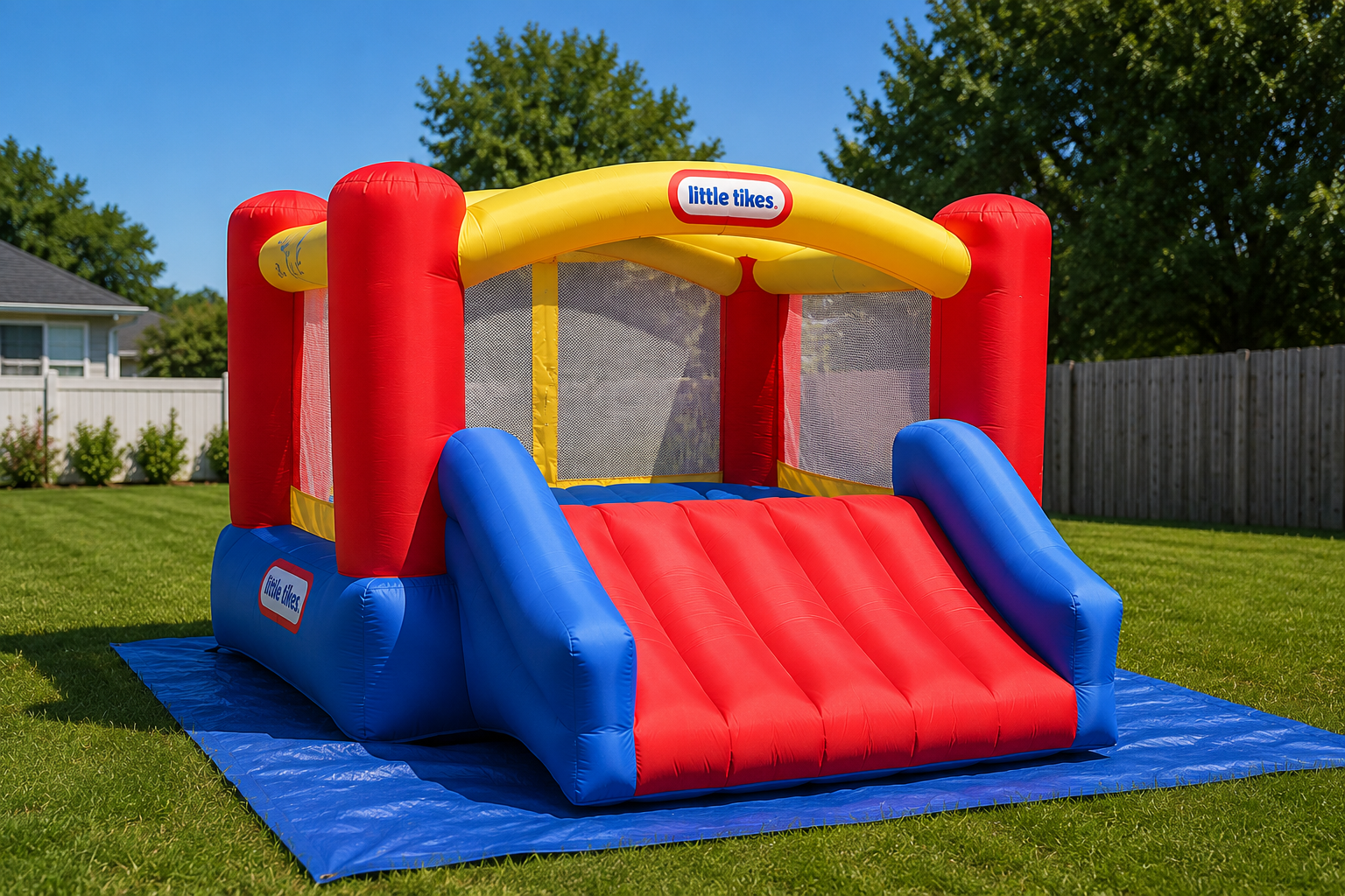 Colorful toddler bounce house with soft walls set up in a grassy backyard